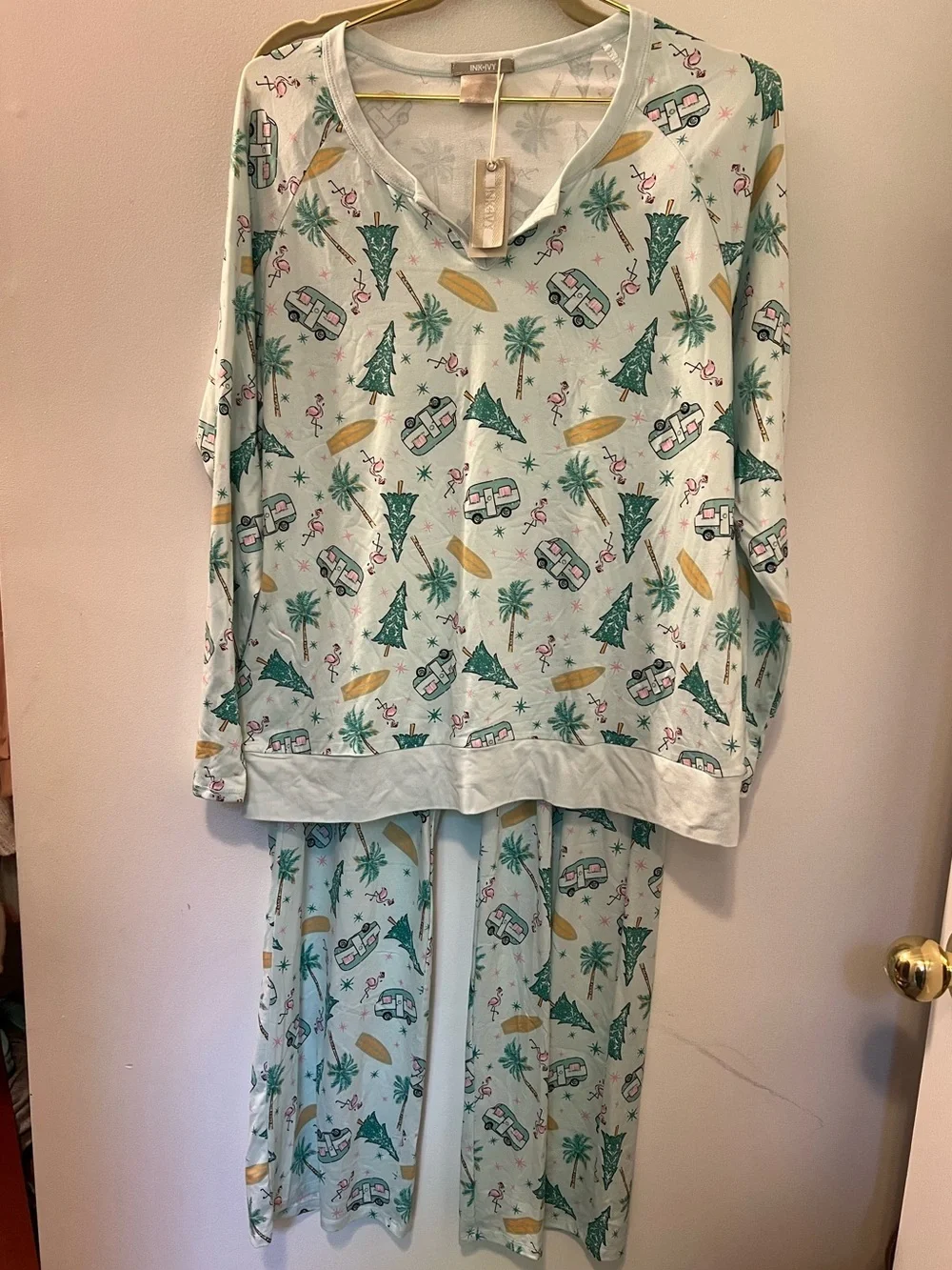 INK + IVY Women's Long Sleeve Notch Collar Top/Lounge Pants 2 Piece Pajama Set